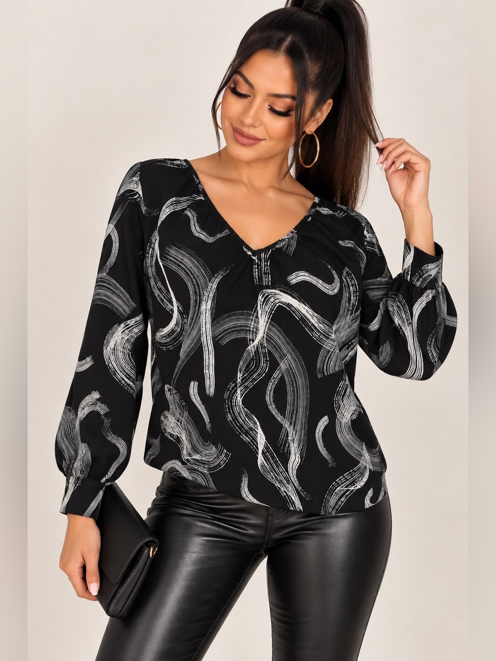 Nine West Black and White Brushstroke V-Neck Blouse
